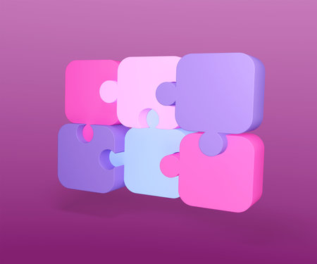3D Puzzle pieces connected in different colors rendering illustration