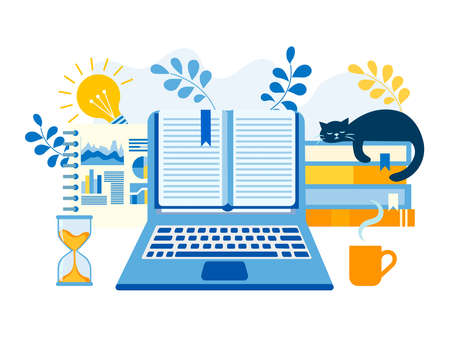 E-books, online distance education. laptop infographic. cat on books. Concept creative idea vector illustration.のイラスト素材