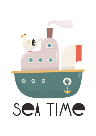 Nautical Nursery Wall Art Cute Poster with Cartoon Ship and Seagull. Vector Print for Baby Room, Shower Card, Kids T-shirt. Text Sea Timeのイラスト素材