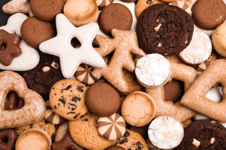 Different Christmas gingerbread cookies as background, top viewの写真素材