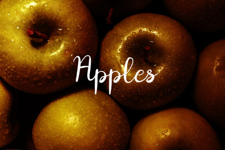 Word Apple against ripe wet fruits pattern