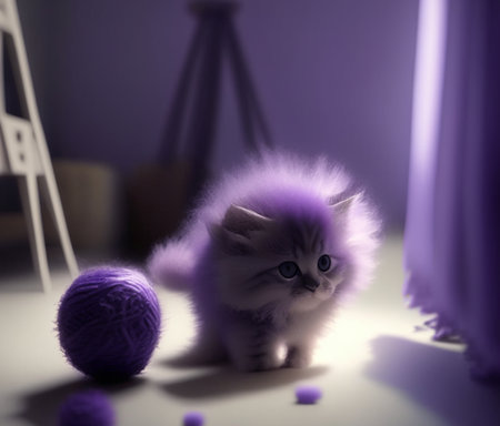 Small fluffy purple kitten plays with thread ball AI generated imageの素材