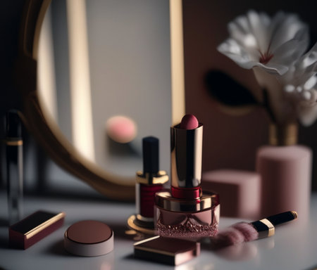 Open lipstick tube and eyeshadows on dressing table AI generated content. Decorative cosmetic productsの素材