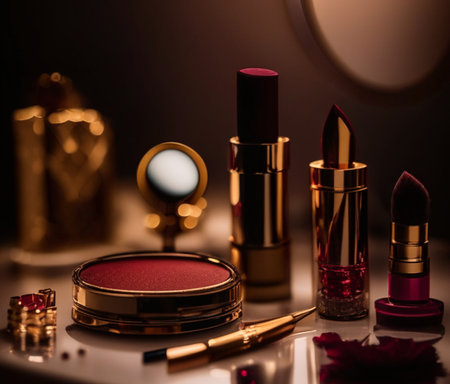 Bloshes box and lipstick on dressing table AI generated contentの素材