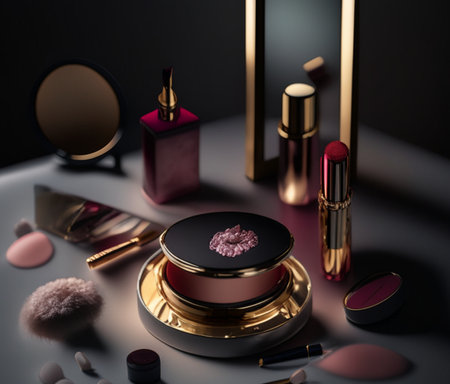 Vintage powder box, lipstick and visage tools on dressing table AI generated image. Makeup artist accessoriesの素材