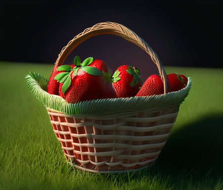 Natural strawberries pile in wicker basket on meadow AI generated image. Summer dessert for gourmetsの素材