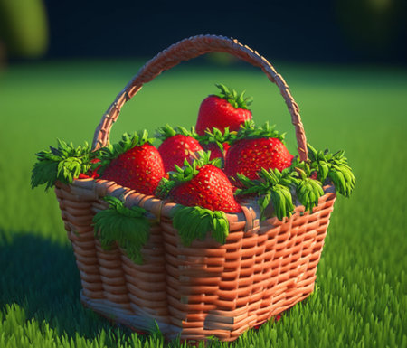 Juicy ripe strawberries in wicker basket on lawn grass AI generated image. Delicious summer snackの素材