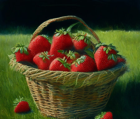 Tasty sweet strawberries in wicker basket on grass AI generated image. Healthy summer dessertの素材