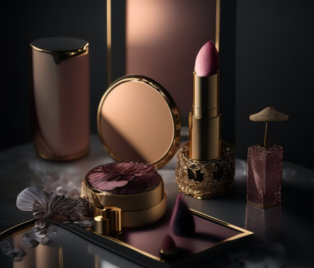 Compact powder and lipstick on dressing table AI generated content. Glamour and beauty productsの素材