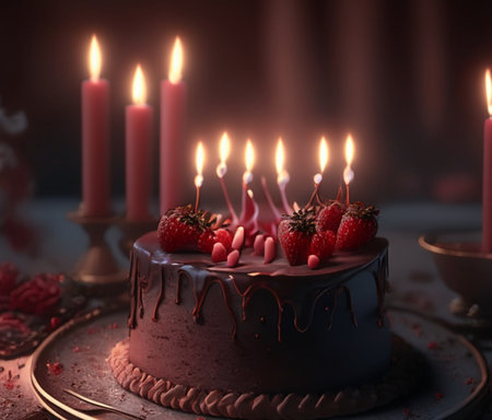 Birthday cake with candles chocolate and strawberry on dish AI generated imageの素材