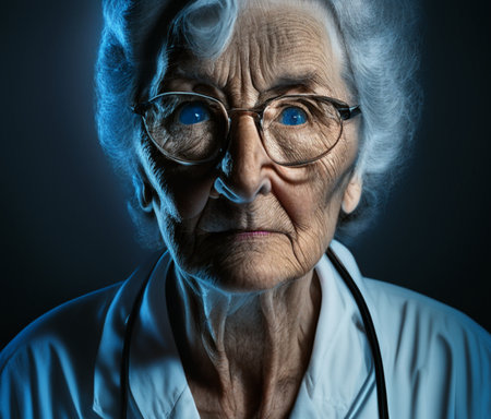 Portrait of old nurse with eyeglasses in white uniform on dark background closup AI generated imageの素材