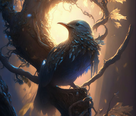Bird sitting on tree branch in night wood AI generated image. Magical creature for talesの素材