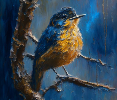 Titmouse sitting on branch in forest oil painting style AI generated image. Wild bird in winter woodの素材