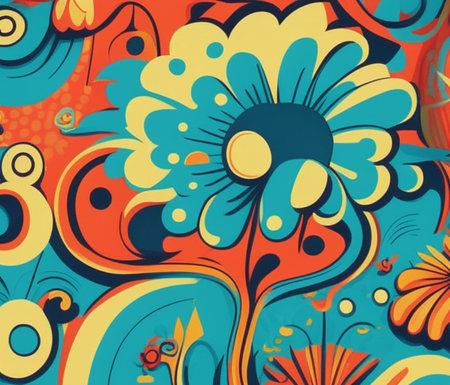 Floral pattern fat color cartoon AI generative image. Flowers vintage style designの素材