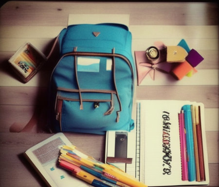 Student rucksack and supplies on wooden desk AI generative image. Back to school conceptの素材