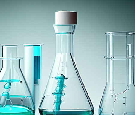 Flasks with liquid in chemical laboratory AI generative image. Medical research and biotechnologyの素材