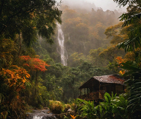 Old wooden hut and waterfall in rainy tropical forest AI generative illustrstionの素材
