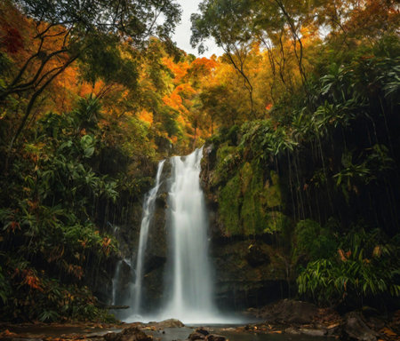 High waterfall in picturesque autumn forest AI generative illustration. Water flow falling from cliffの素材