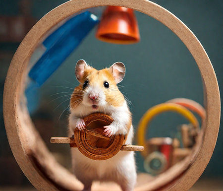 Funny hamster standing and holding woden toy in playpen AI generative image. Friendly rodentの素材