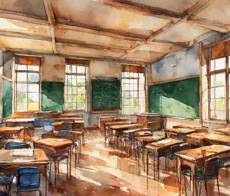 Vintage classroom interior with tables and chalkboards watercolor imitation AI generative image. Education facilitiesの素材