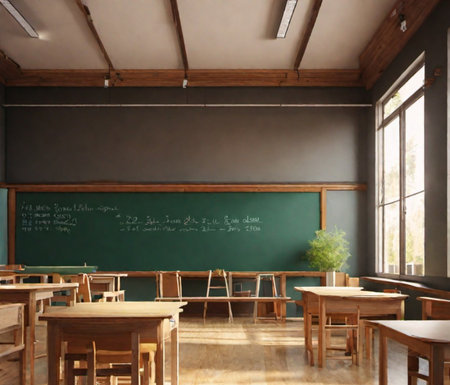 Wooden desks and green blackboard in classroom AI generative image. Back to school conceptの素材