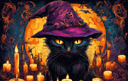 Cat in witch hat with burning candles against full moon AI generated image. Happy Halloweenの素材