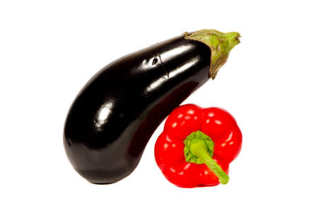 isolated on white aubergine and red pepperの写真素材
