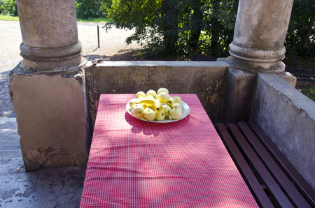 table with apples in the historical manor terraceの写真素材