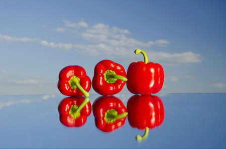 three red peppers on mirror and blue skyの写真素材