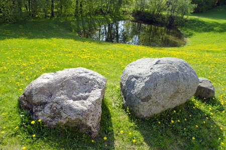 spring morning landscape with stones and pondの写真素材