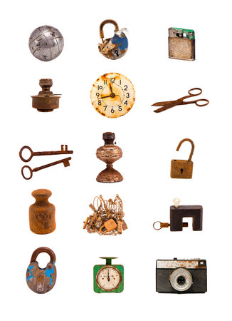 various old objects and tools assorted group isolated on white