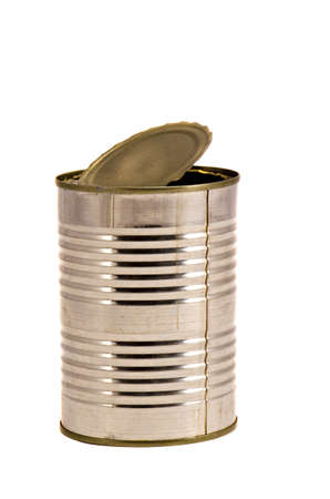 opened empty food metal can isolated on whiteの写真素材