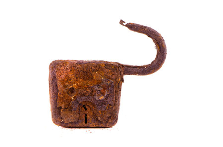 aged and rusty metal lock isolated on white background