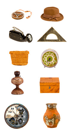 assorted various old objects and tools collection isolated on white