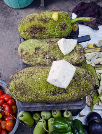 jackfruit in asian vegetable bazaar market, Indiaの写真素材