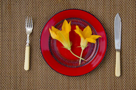 two summer pumpkin zucchini flowers in red plate on table. Healthy vegetarian food conceptの写真素材