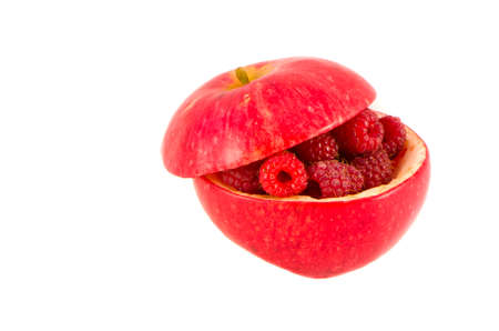 apple and raspberry isolated on white. healthy food conceptの写真素材