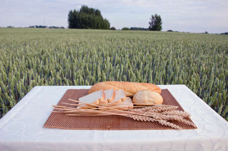 white bread on table and summer time wheat field. Agriculture conceptの写真素材