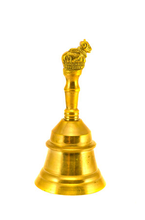 new beautiful golden ornamental asian brass hand bell isolated on white backgroundの写真素材