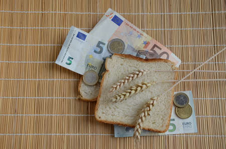 white bread, euro banknotes and wheat ears. Agriculture business conceptの写真素材