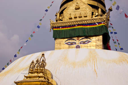  Budhhist Swayambhunath Stupa Monkey temple fragment with Buddha eyes  in Kathmandu, Nepal.の写真素材