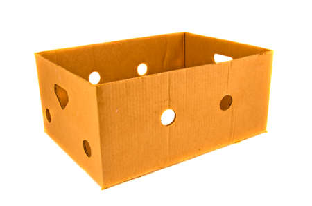 empty used cardboard box package isolated on white backgroundの写真素材