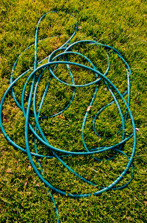 hose pipe on garden grass. garden tool backgroundの写真素材