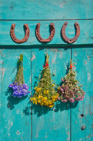 healthy lucky life background - old horseshoe and medical flower bunch on farm doorの写真素材