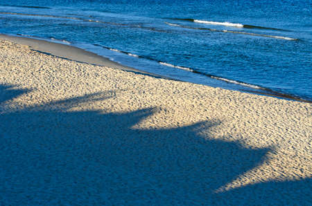 empty early morning sea resort beach san with shadowsの写真素材