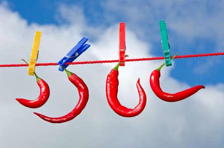 burning hot  pepper chili on clothes rope and sky backgroundの写真素材
