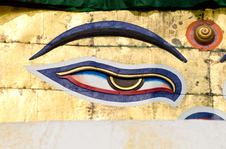 one Buddha wisdom eye on   Boudhanath stupa in Kathmandu, Nepalの写真素材