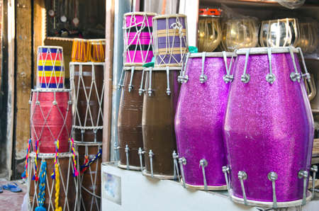 various colorful musical instruments drums in asia street market, Indiaの写真素材