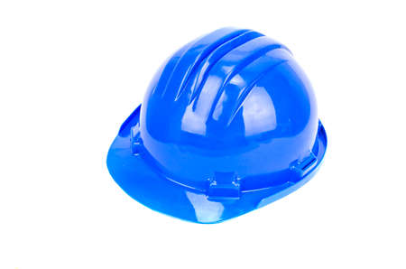 blue plastic protective  workers helmet isolated on whiteの写真素材