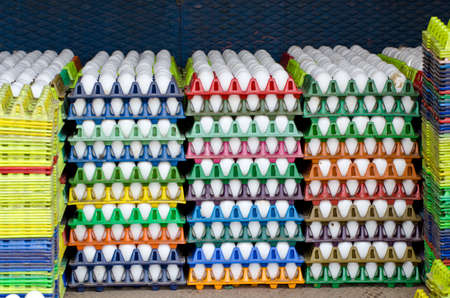 white chicken eggs in multicolored plastic boxes, Indiaの写真素材